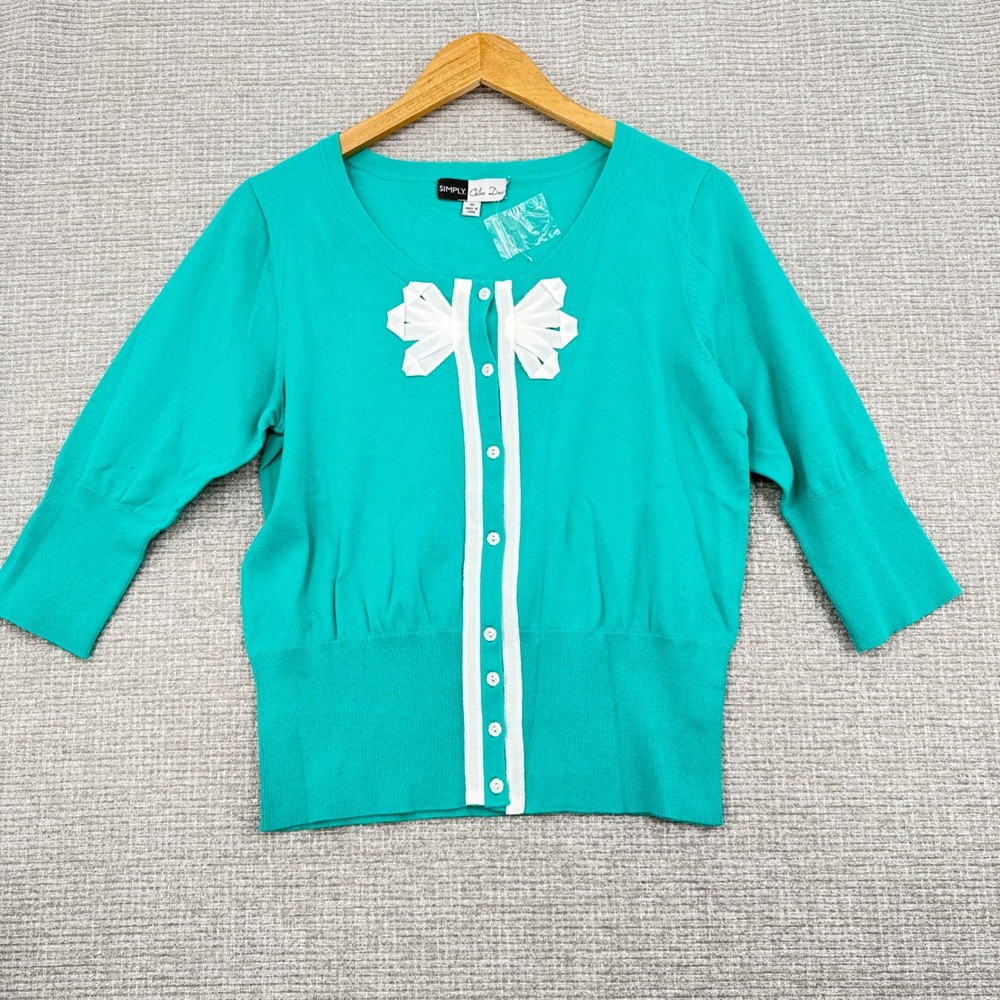 Simply Chloe Dao Cardigan Sweater Bow Front Button Knit Teal Sz‎ M Cottage Fairy